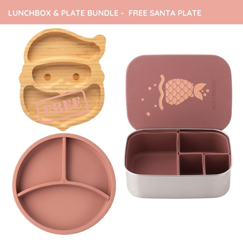 Mermaid Lunchbox and Rose Silicone Divider Plate with FREE Bamboo Santa Plate