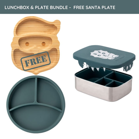 Dinosaur Lunchbox, Teal Silicone Plate and FREE Santa Bamboo Plate