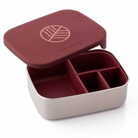 Image shows the Classic Burgundy Lunchbox by eco rascals with removable dividers and a stainless steel base with the lid half on and half off to show the organisers inside.