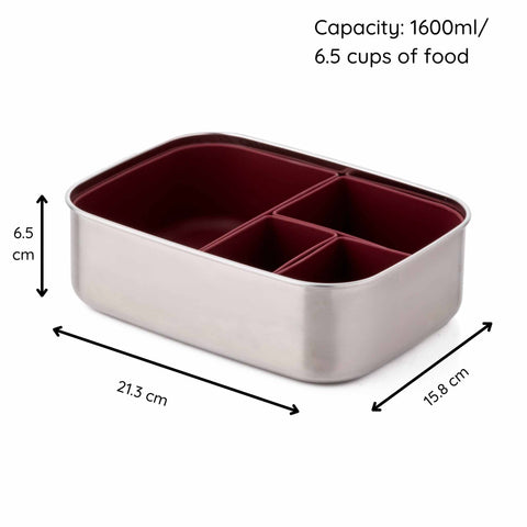 Image shows the Classic Burgundy Lunchbox by eco rascals with removable dividers and a stainless steel base with its dimensions and capacity. Capacity is 1600ml. Depth is 6.5cm. Width is 15.8cm and Length is 21.3cm. 