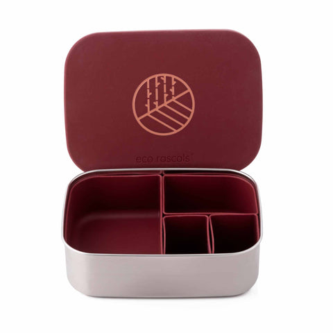 Image shows the Classic Burgundy Lunchbox by eco rascals with removable dividers and a stainless steel base