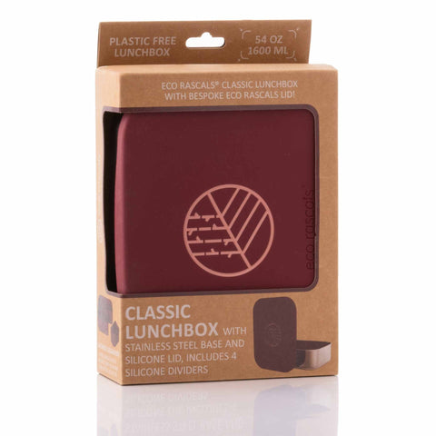 Image shows the Classic Burgundy Lunchbox by eco rascals with removable dividers and a stainless steel base in it's packaging with a retail hanging tab.