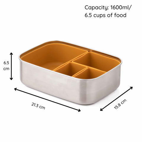 Image shows the classic Mustard eco rascals lunch box bento style with removable dividers with the dimensions. Capacity 1600ml. Depth 6.5cm, Length 21.3cm and Width 15.8cm.