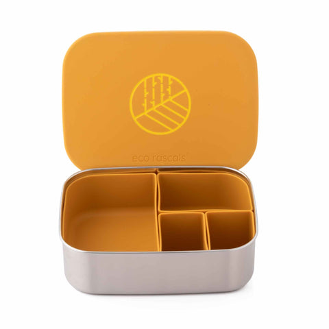 Image shows the classic Mustard eco rascals lunch box bento style with removable dividers. 