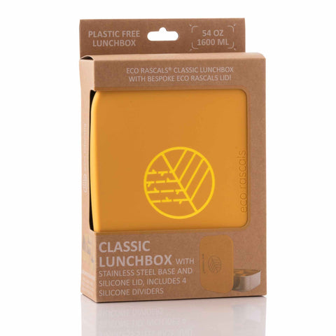 Image shows the classic Mustard eco rascals lunch box bento style with removable dividers in it's retail packaging with hanging tab.