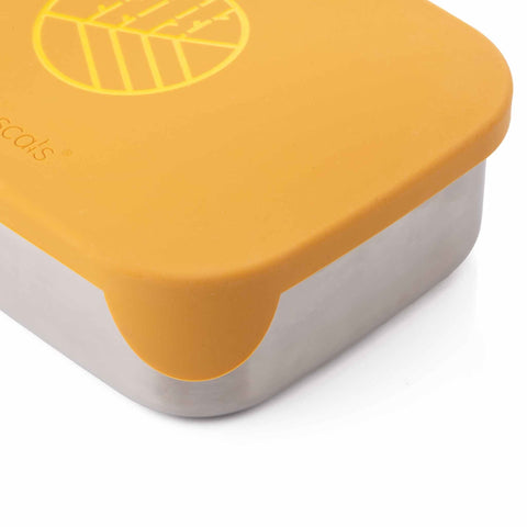 Image shows the classic Mustard eco rascals lunch box  with a close up of the lid. 