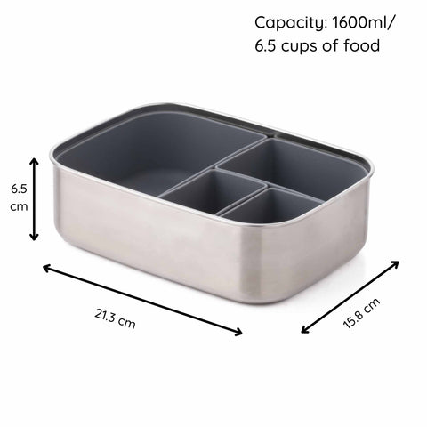 Image shows the classic silver lunchbox by eco rascals capacity and dimensions. Capacity is 1600ml and dimensions are depth of 6.5cm, length of 21.3cm and width of 15.8 cm. 