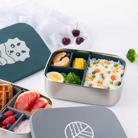 The image is a lifestyle image showing a couple of the lunchboxes with food inside. The focus is on the dinosaur lunchbox with rice, broccoli, boiled egg, corn and oranges. On the bottom left, the silver classic lunchbox appears with waffles, grapefruit, raspberries, blueberries and yoghurt.