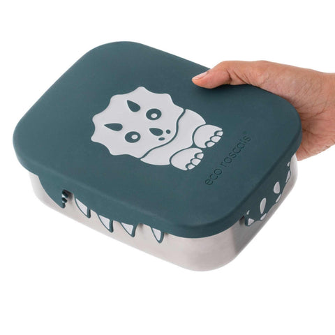 Image shows the eco rascals dinosaur lunchbox being held in the hand of an adult.