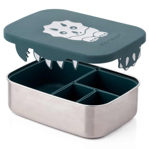 Image shows the teal eco rascals silicone dinosaur lid floating over the top of the stainless steel lunchbox with the organisers inside. 