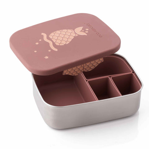 Image shows the mermaid lunchbox by eco rascals with the lid partially on the box. 