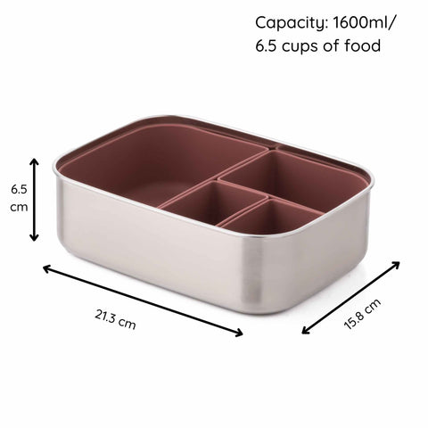 Image shows the mermaid lunchbox by eco rascals with the dimensions and capacity on it. Capacity is 1600ml / 6.5 cups of food. It is 6.5 cm in depth, 21.3 cm in length and 15.8 cm in width. 