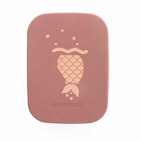 Image shows the mermaid lunchbox by eco rascals on a Birds Eye view so you can just see the mermaid lid with the mermaid tail and eco rascals logo on it.