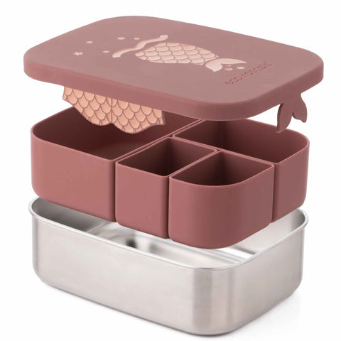 Image shows the mermaid lunchbox by eco rascals in a floating stackable format with the lid floating above the 4 removable organisers and the open stainless steel box.