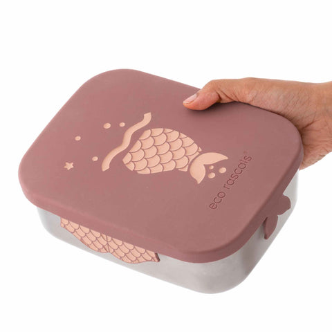 Image shows the mermaid lunchbox by eco rascals being held by an adult.